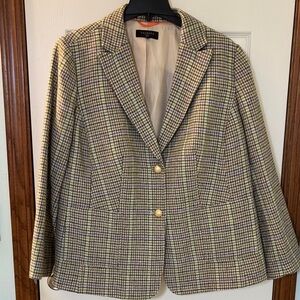 Talbots Plus Ivory, Blue Green Orange Houndstooth Wool Blend Blazer Women’s 18